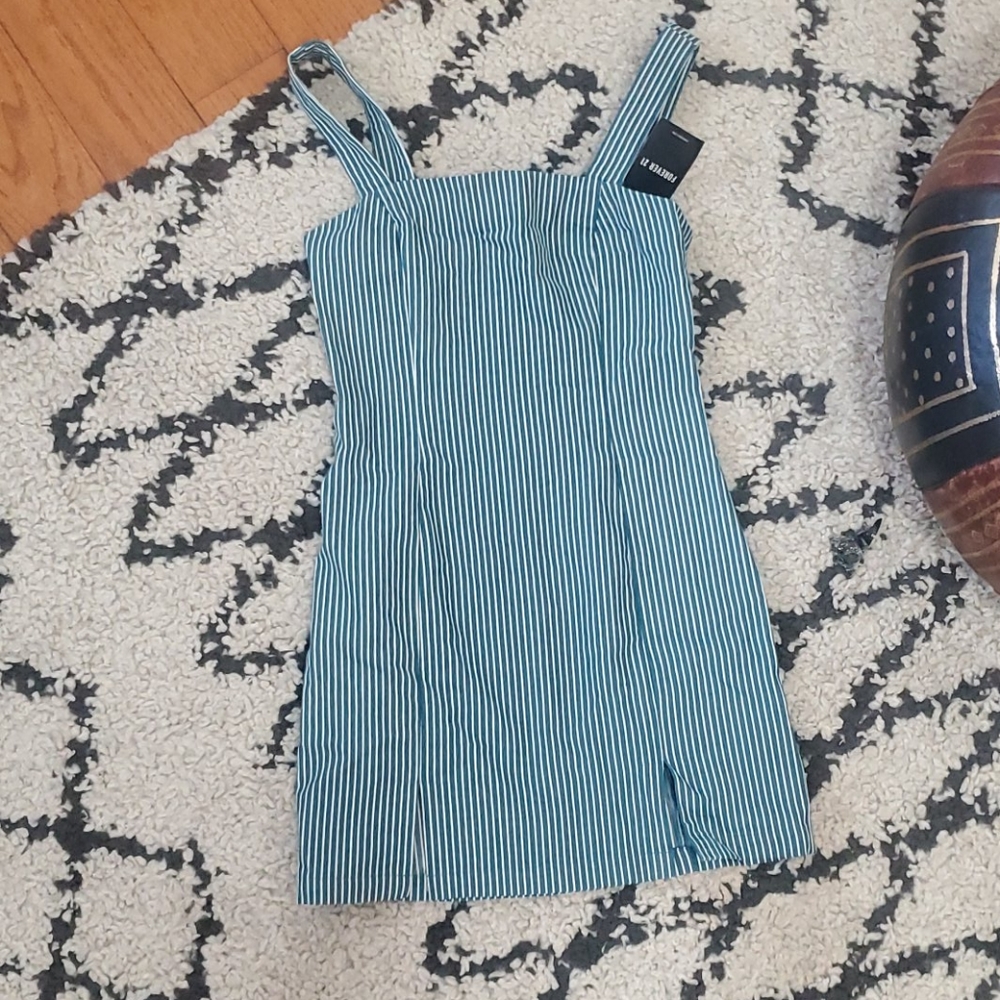 Navy and white striped mini dress